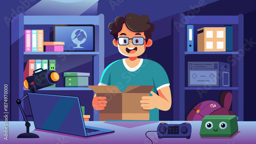 A man is opening a box in a room with a lot of books. The room is dimly lit and the man is wearing glasses