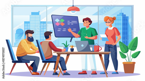 A group of people are sitting around a table with a large screen in front of them. They are discussing something important