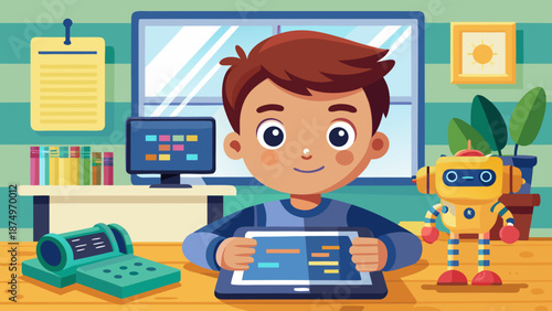 A boy is sitting at a desk with a tablet and a robot. He is smiling and he is enjoying himself. The room is decorated with books and a potted plant
