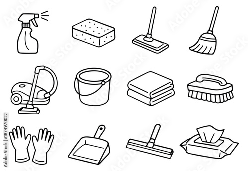 Hand drawn line art cleaning tools set featuring essential household supplies for hygiene and tidiness