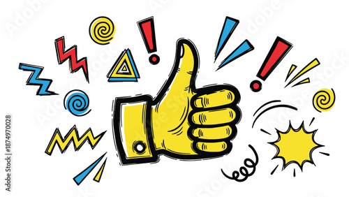 A cartoon hand giving a thumbs up surrounded by colorful symbols and exclamation marks