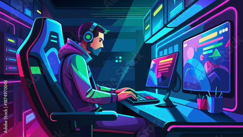 A man is sitting in front of a computer with two monitors. He is wearing headphones and he is focused on his work. The room is dimly lit, and the atmosphere is serious and focused