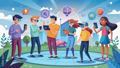 A group of people are standing around a park, all of them looking at their cell phones. The scene is set in a city park with trees and a building in the background. Scene is casual and relaxed