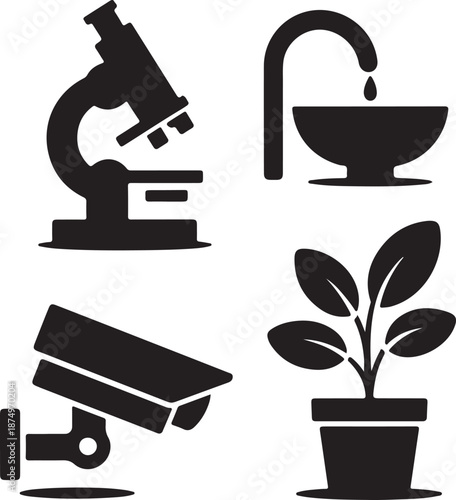 icons of microscope security camera faucet and potted plant
