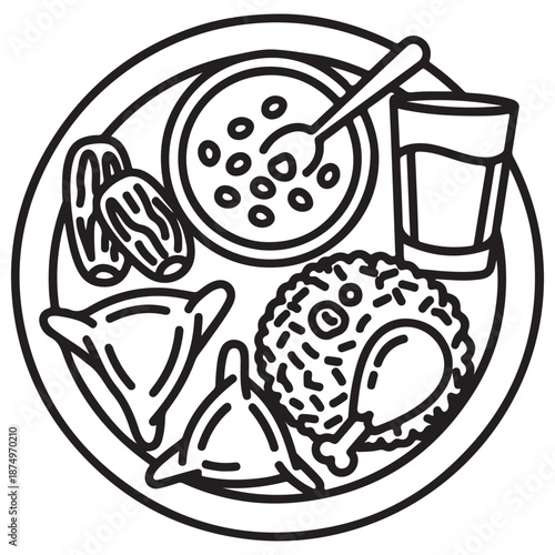Outline Drawing of a Full Meal Plate with Food Items