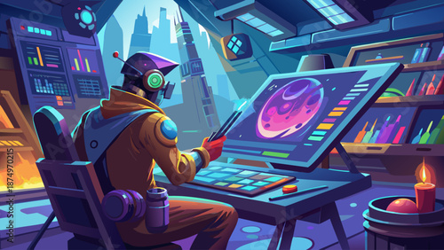 A man is sitting at a computer desk with a large monitor in front of him. He is painting a picture of a planet on the screen