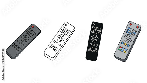 Four different remote controls on a white background for technology concepts