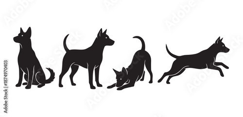 black dog silhouettes in various poses like sitting and running on white
