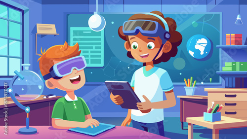 A boy and a girl are playing a game on a tablet. The girl is wearing a pair of virtual reality goggles