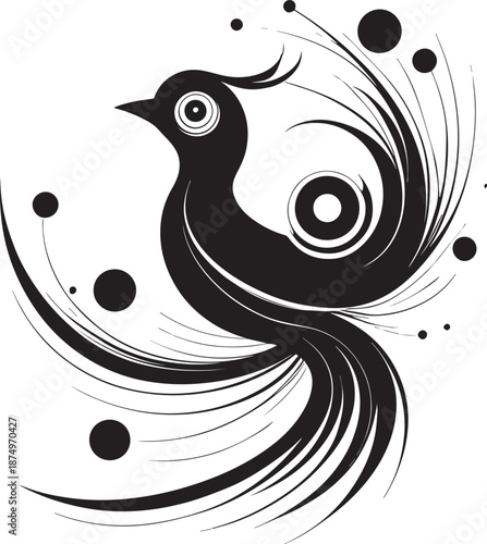 Abstract bird illustration flowing circular minimalist black art high resolution vector