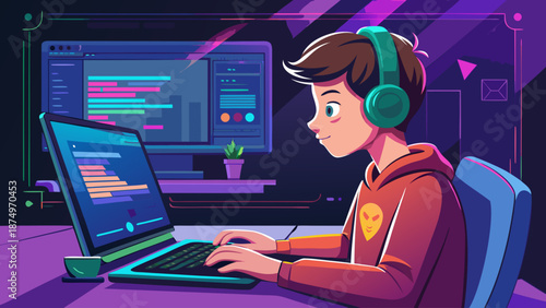 A boy is sitting at a desk with a laptop and headphones on. He is typing on the keyboard and smiling. The room is dimly lit and has a purple background