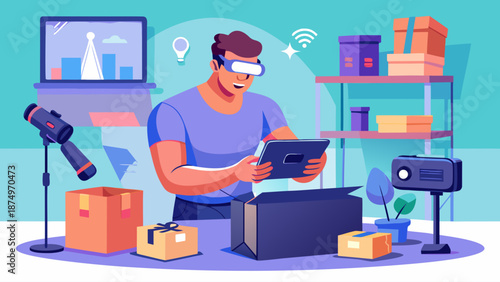 A man is sitting at a desk with a box in front of him. He is using a tablet to look at the box. The room is cluttered with various items, including a potted plant, a laptop, and a camera