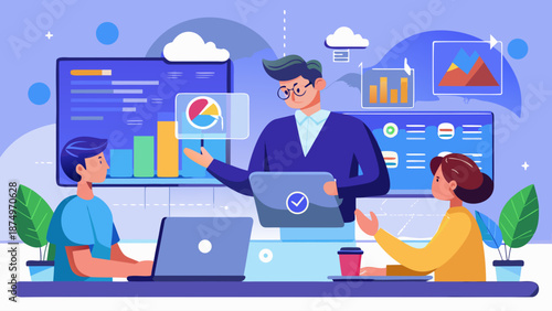 A man is standing in front of a group of people, showing them a presentation on a laptop. The group of people are sitting at a table, with a few laptops and a cup of coffee in front of them