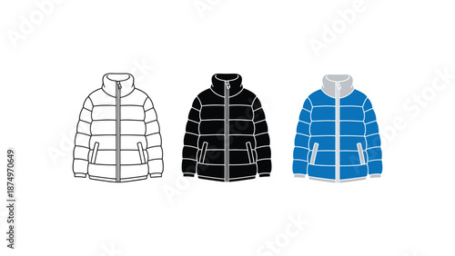Four different colored puffer jackets on a white background