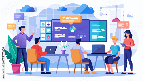 A group of people are working together in a meeting room. There are several people sitting at tables with laptops and a few people standing. A potted plant is in the room and a woman is holding a book