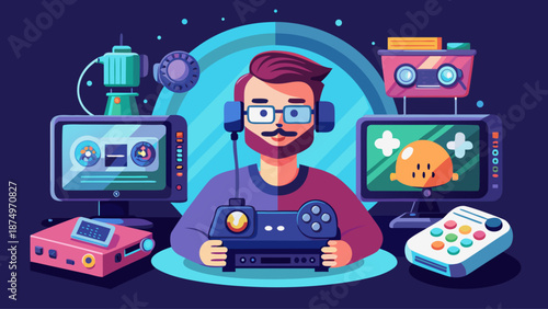 A man is playing a video game with a controller. He is wearing glasses and is surrounded by various electronic devices such as a TV, a computer monitor, and a keyboard