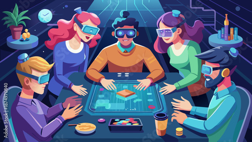 A group of people are playing a video game together. They are all wearing virtual reality goggles. The game is a board game and they are all sitting around a table