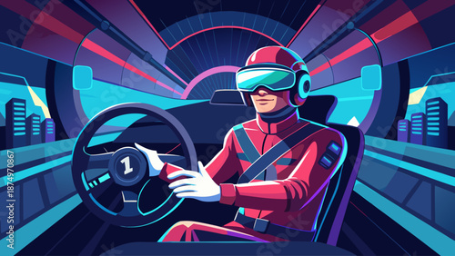A man in a red suit is driving a car in a futuristic setting. The car is a Z-1 and the man is wearing a helmet. The scene is set in a city with tall buildings in the background