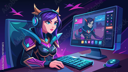 A woman is playing a video game on a computer. She is wearing a black outfit and is using a keyboard and mouse. The computer monitor is on and the woman is focused on the game