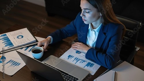 Professional Woman in Business Attire Working Late at Night on Laptop Surrounded by Reports and Coffee