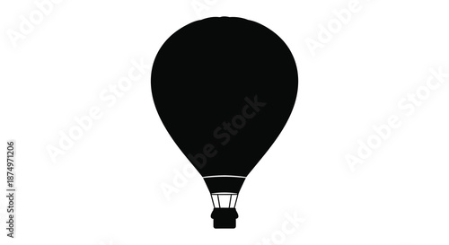 A striking black hot air balloon form dominates a minimalist white background silhouette