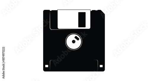 A stark black and white image depicting a vintage 3 5 inch floppy disk silhouette