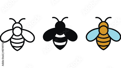 Three colorful bee illustrations on a clean white background