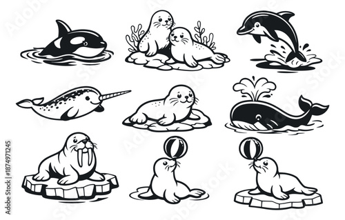 Cute hand drawn line art sea animals set featuring orca, narwhal, dolphin, whale, seals, and a walrus for children's designs and aquatic themes