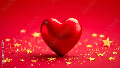 A glossy red heart , centrally positioned, is surrounded by sparkling golden stars. 