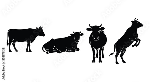 black cow silhouettes in various poses like standing and jumping on white