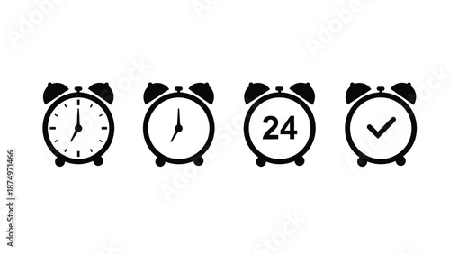 Four alarm clock icons represent different time concepts.