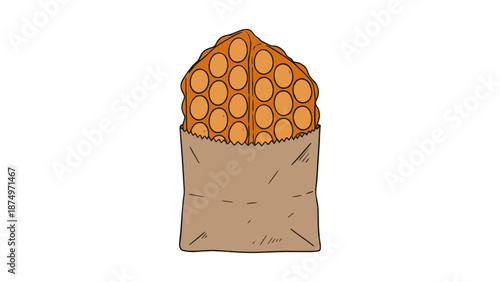 A brown paper bag overflowing with many round golden food items