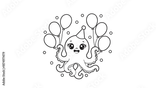A cartoon octopus wearing a party hat and holding colorful balloons