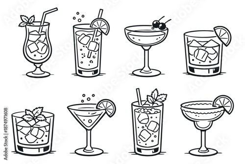 Hand drawn line art cocktail set featuring various refreshing drinks and garnishes for party menus