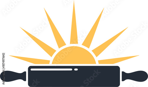 Logo of a rolling pin forming a horizon line with rising sun minimalist 2D flat two-color