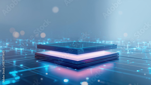 Glowing layered processor module illuminated on circuit board, futuristic tech ambiance