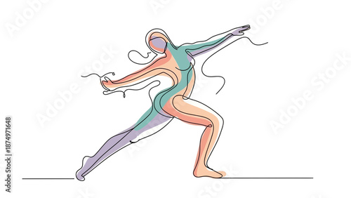 Dynamic woman in colorful bodysuit performing energetic dance move