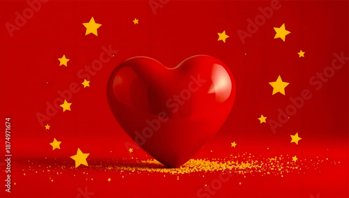 A glossy red heart , centrally positioned, is surrounded by sparkling golden stars. 