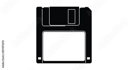 A stark black and white depiction of a classic floppy disk storage device silhouette