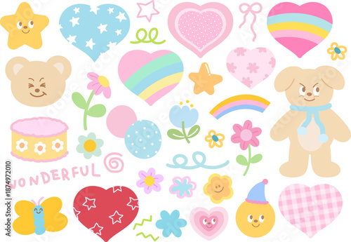 Pastel animals such as puppy and teddy bear, heart, cake, flowers, rainbow for pet shop, vet, zoo, stickers, cartoon, characters, mascot, floral, decoration, standee, patch, summer break, blossom	
