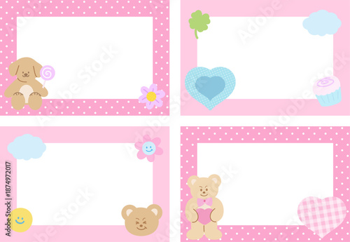 Pink frame set with teddy bear, puppy, hearts, flower, polka dot pattern for polaroid photo, rectangle ad template, social media, poster, decoration, notepads, sticky note, memo, animal print, pet