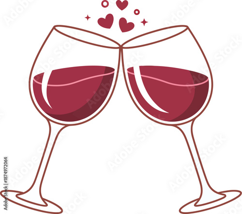 Two wine glasses filled with deep red liquid clink together in a celebratory toast with small hearts floating above the.