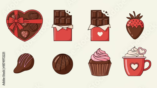 Collection of delicious chocolate treats and sweets for Valentines Day.
