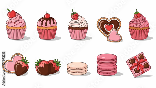 Collection of delicious sweet desserts and pastries isolated on white.