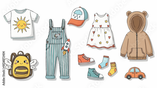 Collection of cute childrens clothing and accessories.