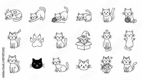 Collection of cute hand-drawn cat illustrations in various poses and activities.