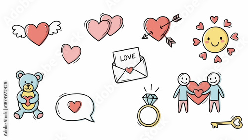 Collection of cute hand-drawn valentine symbols and icons.