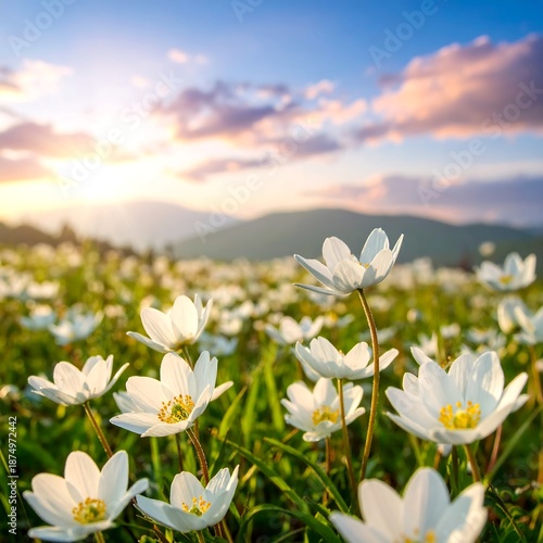 Field of white flowers bathed in sunlight at sunset