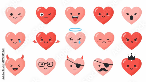Collection of Cute Heart Emoticons with Various Expressions.