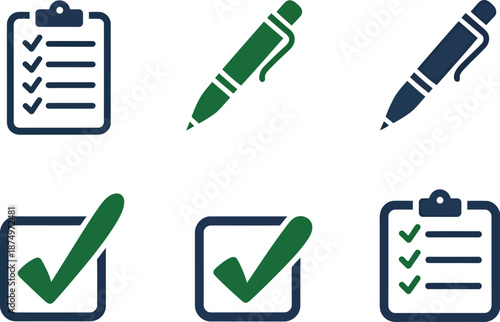 Checklist and pen icons represent task completion and writing documentation for business processes.